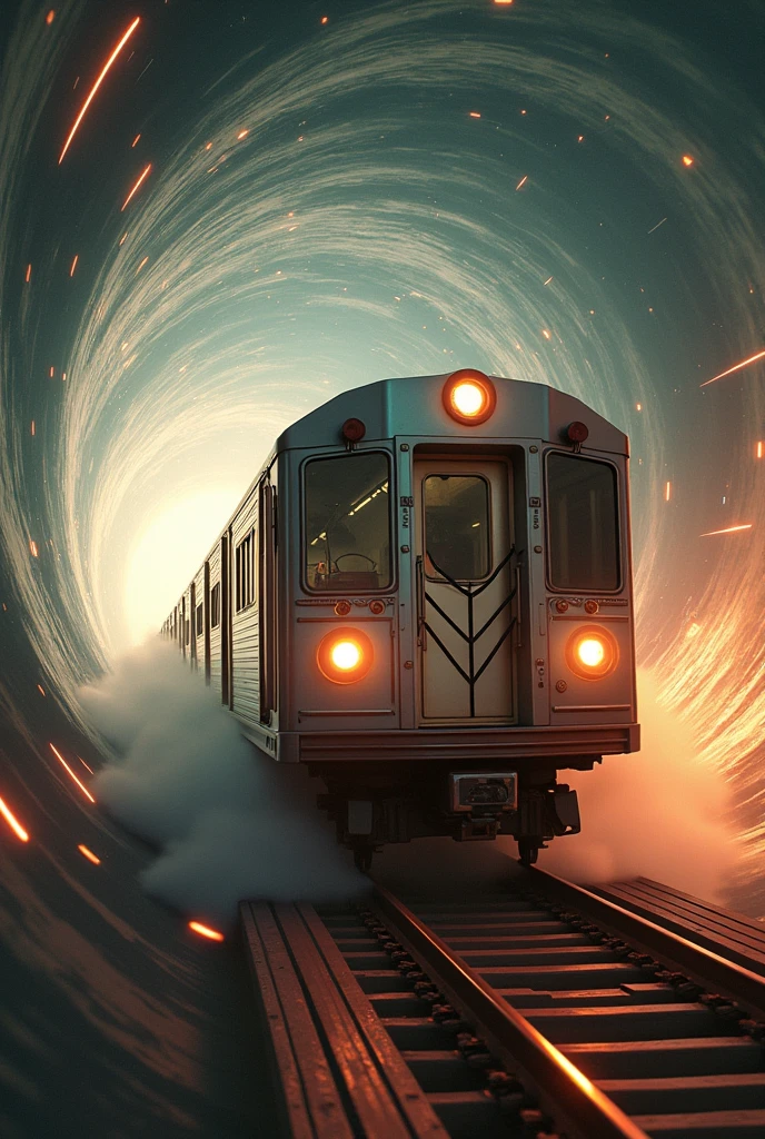 Realistic, with the theme of "Trains that transcend time and space", a retro subway car hurtling through the air at super speed, a mysterious giant vortex like a black hole in the air, the train emerging from the vortex, sophisticated design, advanced lighting technology, real-life 8K quality photos,