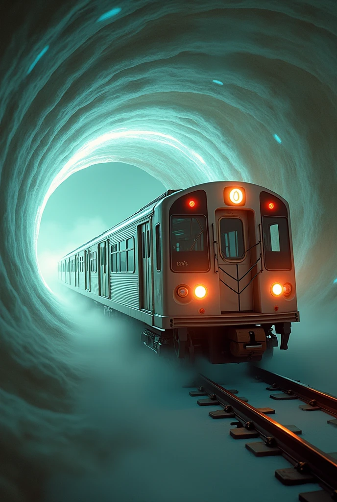 Realistic, with the theme of "Trains that transcend time and space", a retro subway car hurtling through the air at super speed, a mysterious giant vortex like a black hole in the air, the train emerging from the vortex, sophisticated design, advanced lighting technology, real-life 8K quality photos,