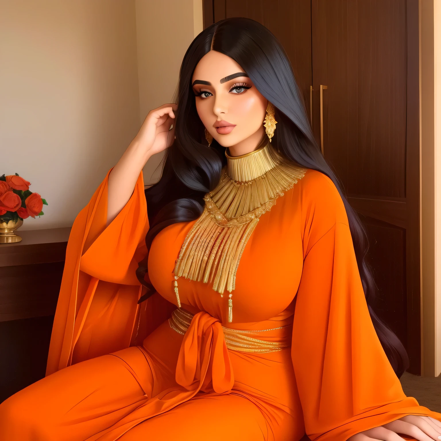  Portrait of a beautiful and plump Arab woman,  long hair，Conservative Edgar Kaftan , A woman in a conservative orange and gold robe , Conservative high-neck dress wearing Edgar Kaftan , 