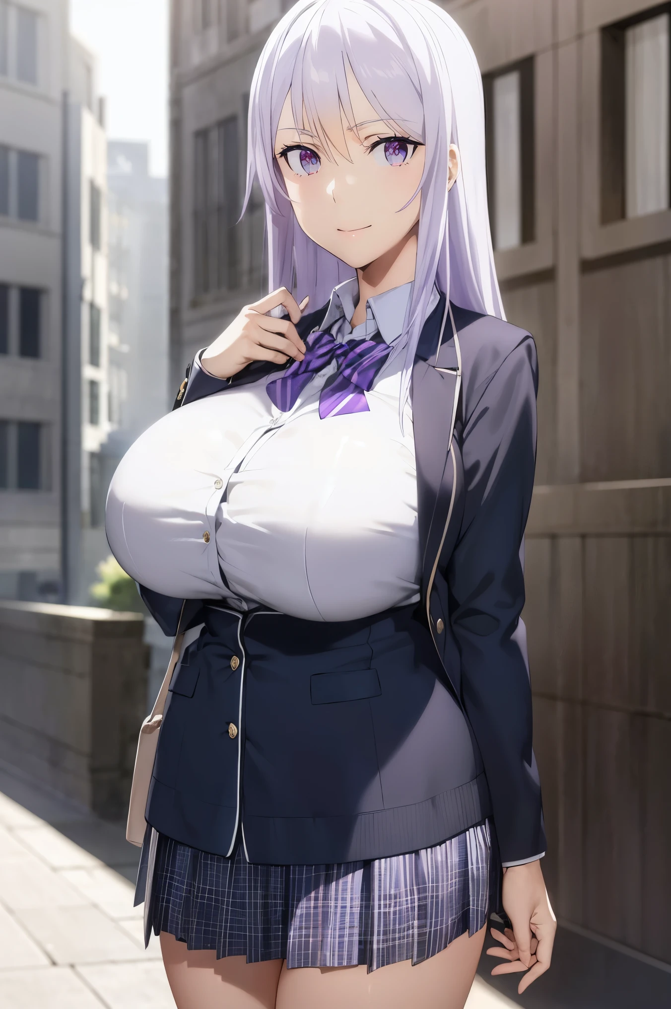 masterpiece, (huge tits ), (((school uniform))), nectie, white short skirt, (best quality), (solo), 1girl, reona, silver hair, purple hair , long hair, purple eyes ,(photorealistic:1.1), 8k uhd, looking a viewer, outdoors, simple backround, smile, flower hairclip