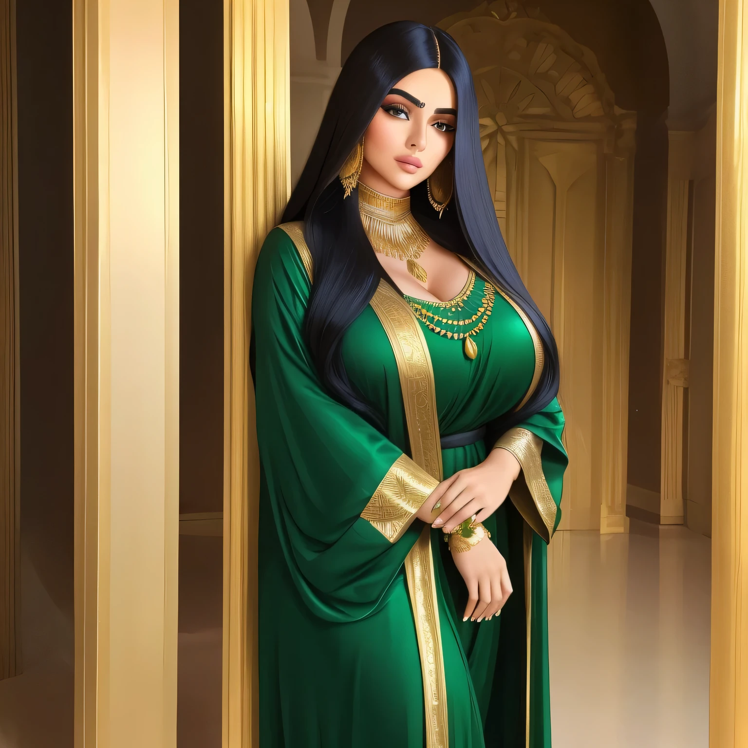  Portrait of a beautiful and plump Arab woman,  long hair，Conservative Edgar Kaftan , A woman in a conservative gold and green robe , Conservative high-neck dress wearing Edgar Kaftan , 