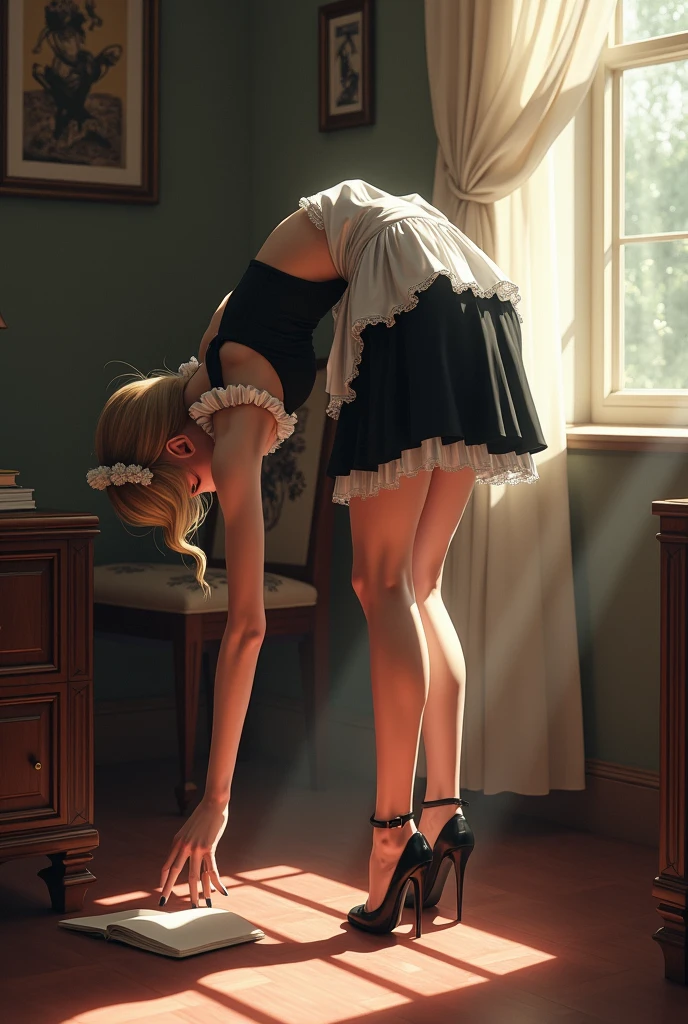 ((Best quality)),((masterpiece)),((1 girl)), ((white and pink maid uniform)), ((sexy)), ((shows ass, stands on all fours)), ((perfect ass)),((lace thong)), ((fishnet stockings)), ((full length)), ((Maximum detail)), ((maximum realism)) 