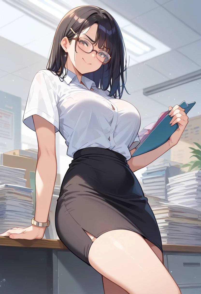 score_9, score_8_up, score_7_up, score_6_up, score_5_up, score_4_up, ((( best quality))) ,((accurate)) ,(emphasis lines), ((textured skin)), (super detail) ,((((anatomically correct)))) ,black hair,shiny hair、large breasts, Glasses ,animetoreal  ,smile　、(office lady) , embarrassed face 　、 big butt　、 black tights 