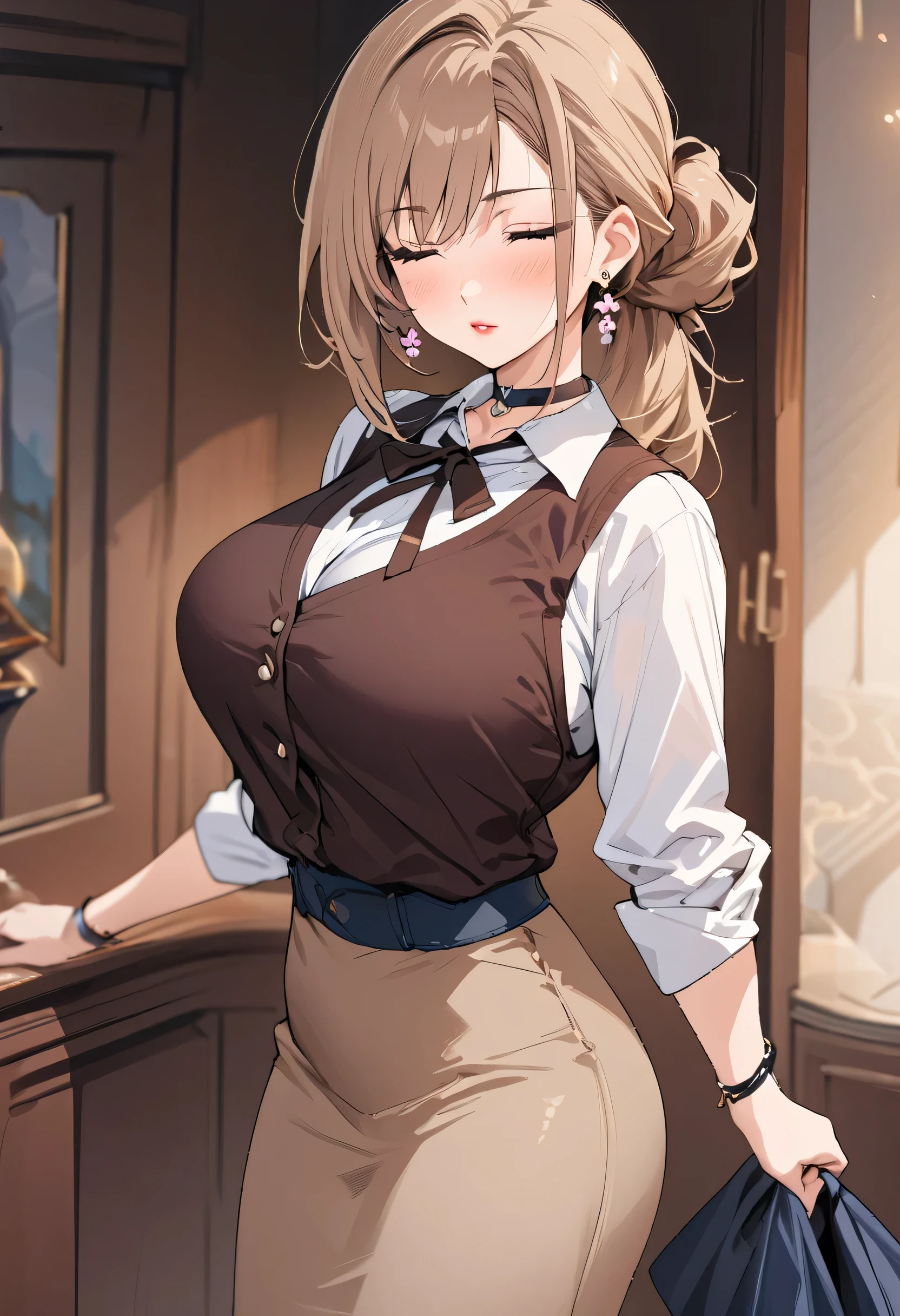 ((Masterpiece)), ((Masterpiece_portrait)), ((Best_qulity)), highres, distinct, distinct_image, hyper_detail, (detailed_face : 0.9), unexposed, perfect_fingers, hip_focus, novel illustration, 1girl, solo, brown_hair, light brown, long_hair, (wavy_hair : 0.6), swept_bangs, tied hair, eyes_closed, red_lips, (sweat : 0.3), huge_breasts, veiny_breasts, slender_wrist, slender_fingers, waistcoat, dress_shirt, choker, neck_ribbon, Long_skirt, Stocking, high_heels, Flower_earrings, adjusting_clothes, waist_bag, Tsundere, Fantasy, Guild, sexy, mature, Attractive, pretty