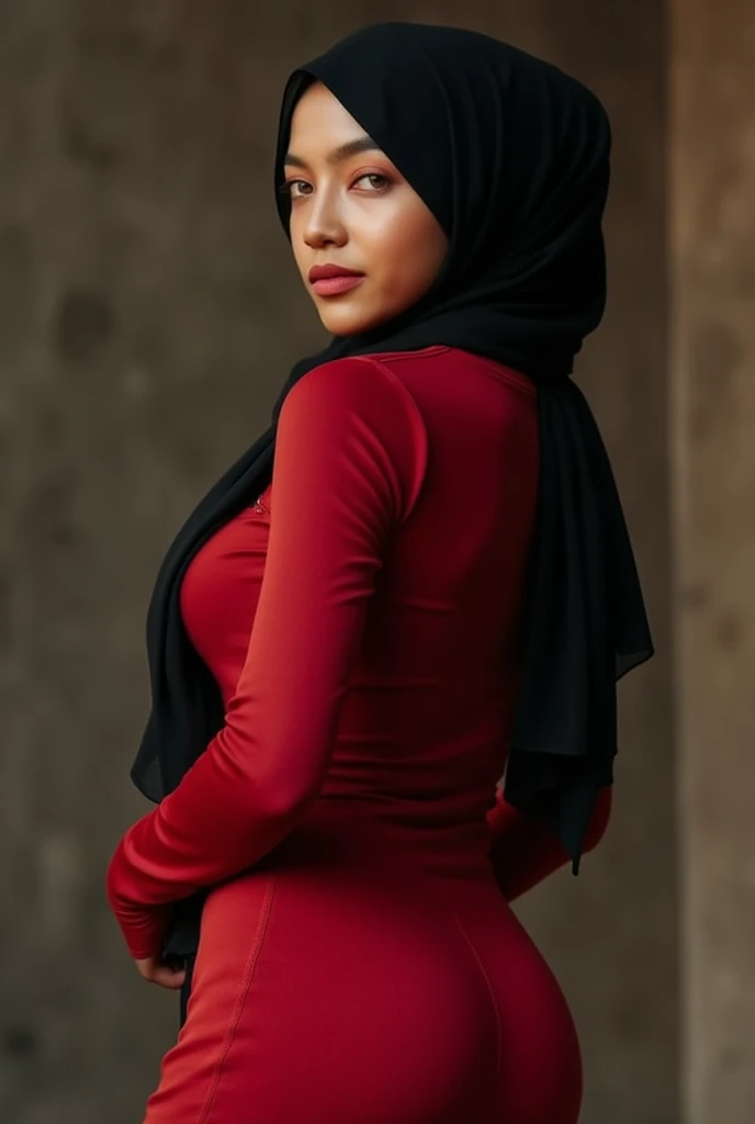 Hijab, a woman with huge breasts and slender body and rounded ass, wearing a fitted long-sleeved shirt, red dress and a black hijab,dynamic pose, dynamic background, dynamic lighting, high quality, 4K