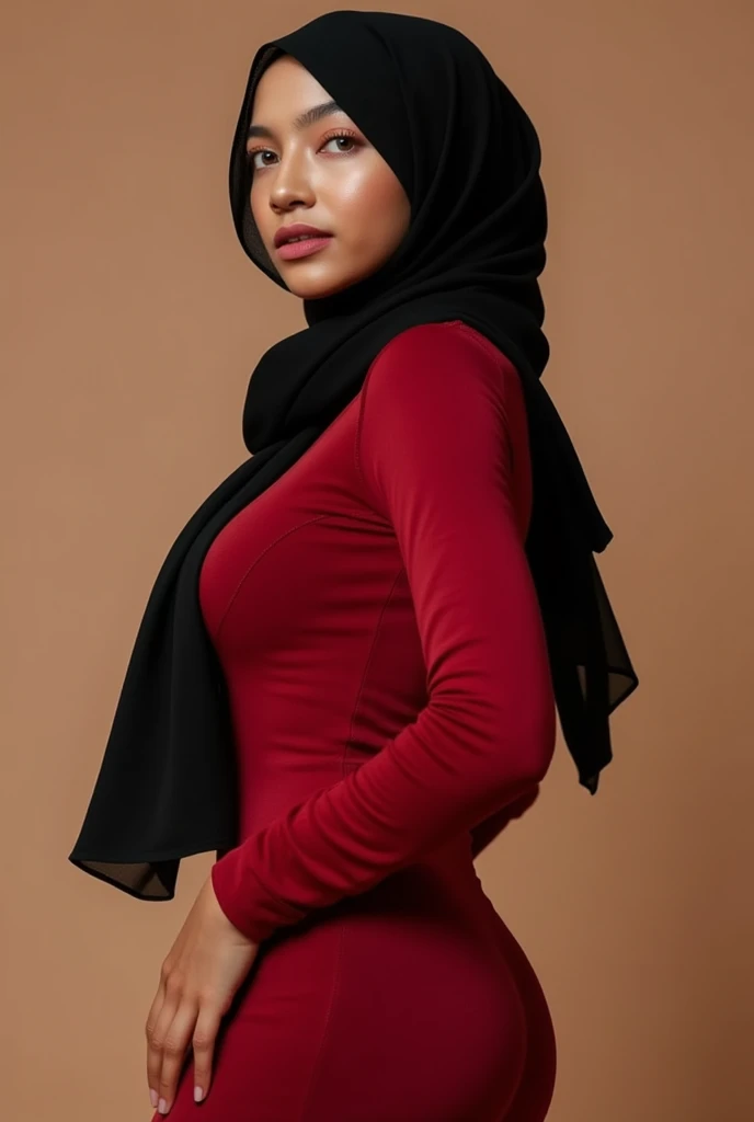 Hijab, a woman with huge breasts and slender body and rounded ass, wearing a fitted long-sleeved shirt, red dress and a black hijab,dynamic pose, dynamic background, dynamic lighting, high quality, 4K