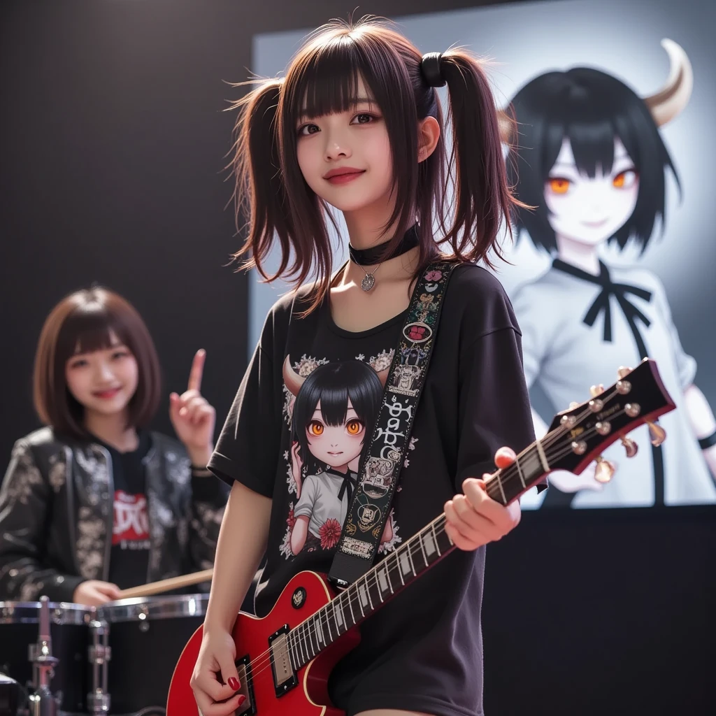 She is wearing a Tee with a large print of her favorite cute black devil girl, ultra-realistic, photorealistic, dramatic scene, shadow, global-illumination, solo, (20 years old Japanese famous idol girl but punk rock guitarist:1.5), very beautiful but cool Japanese girl, very beautiful cute but boyish cool face, she is wearing punk rock outfits with very realistic smiled Chibi-anime-devil-black-girl printed Tee, the chibi-anime-devil-black-girl that printed on her Tee is 1girl\(dark black devil,cute,big eyes,large circle eyes,black skin,evil smile,long nail,orange eyes, vivid orange eyes, dark black skin, looking down,wearing capelet\(big,long,Tattered\), backlit,full body\), she is wearing accessories, leather choker, leather jacket, she is playing the guitar at the stage of the rock concert, the drummer girl is playing the drum behind her, The giant screen behind her shows a cute Devil Girl that matches her T-shirt, spot lighting, professional lighting, microphone