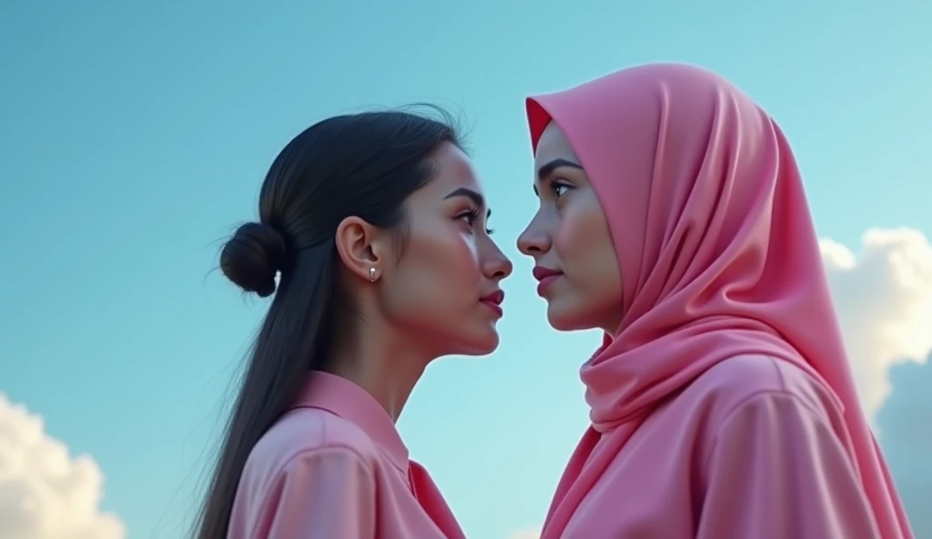 extreme close up of two beautiful hijab indonesian lesbian girl laying down,bra and panties,hugging,french kiss,lesbian sex,,in a car,look to the viewer