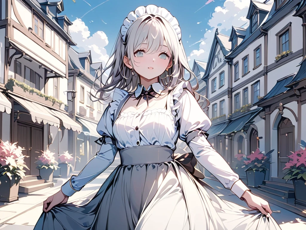 ( adult woman),(最High image quality, 8k, masterpiece:1.3), (24 years old:1.5), ( gray hair ), ( semi-long),  ( good style、Full body shot、Fair skin、 maid outfit 、 Long Sleeve 、Gray Eyes、 long lashes、Waiter、Elegant、noble、 standing、 Long Skirt、Western-style building、Outer court、holiday)), ([Ultra Clear:1.5), ( shiny skin:1.1),(Pale skin:1.1),High image quality、 clear contours、最High image quality