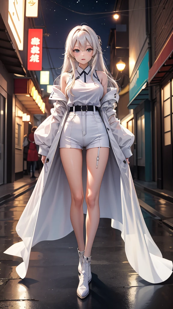 high resolution, best quality, master piece, very high image quality, ultra detailed, hyper realistic, 3d, from below, standing open legs, arms crossed, intelligent beauty, black glasses, white silver glossy hair, high layer cut, mullet hair style, sparkling glossy blue big eyes, glossy lips, white open-chested cardigan, blue sexy lingerie, black tight miniskirt, black knee-high socks, high heels, huge breasts, full body, slender