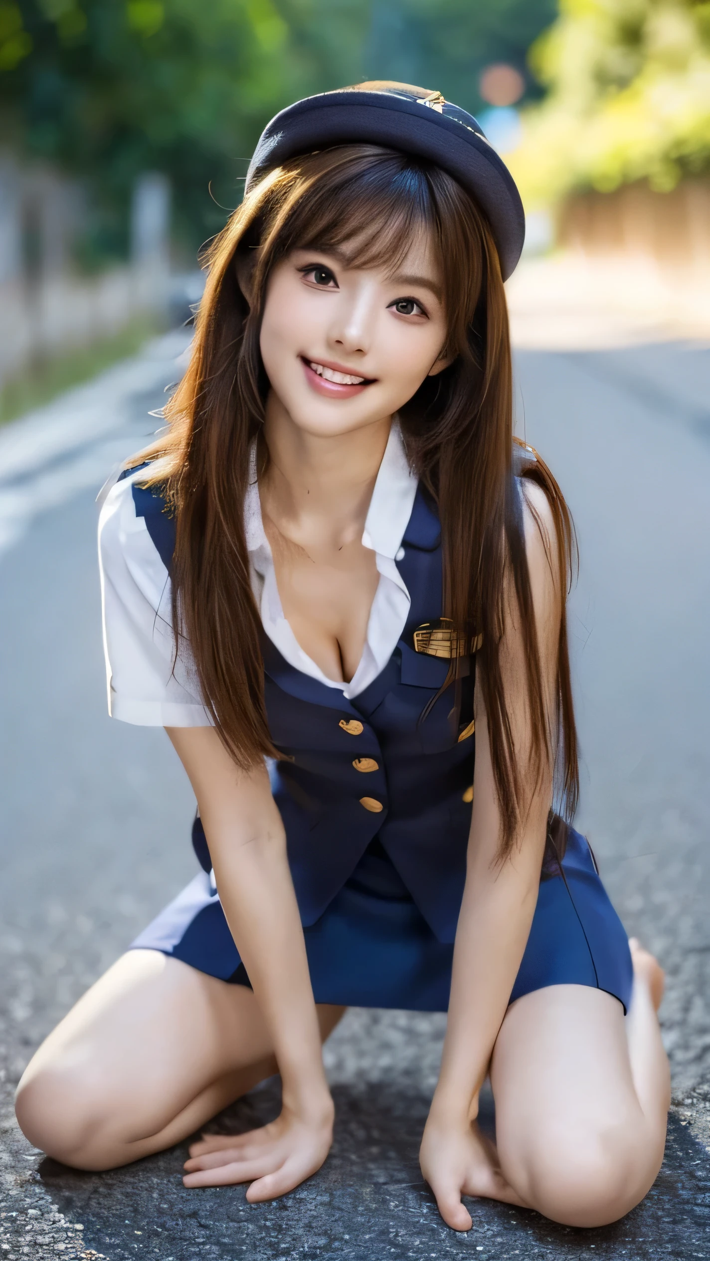 ,baby face,cute face,perfect body,thin waist and big breasts,slender legs,big breasts,realistic skin,full body image,(redemption,8k,masterpiece:1.2),(sexy appearance:1.5,:1.2),Japanese female,22 years old,(high resolution beautiful face),great face and eyes,(best quality:1.4),(ultra detailed),(high resolution CG integrated 8K wallpaper),high resolution,high resolution raw color photo,professional photo,realistic portrait,great face and eyes,depth of field,(bottom view:1.25),((elaborately designed,gorgeous and colorful adult shorts,high resolution panty portrait,highly detailed panty drawing))),((unique pose showing panties),((spread legs,raise legs))mouth slightly open,(((lift skirt by herself))),(lift by herself),panties with lace,small panties,attention to panties,(Highest quality, DSLR photography, 8k, highest quality, high resolution, highest quality, highest resolution, very beautiful woman, perfect anatomy), bright brown eyes, very bright brown eyes, small diamond-shaped earrings, looking directly at the camera, beautiful brown hair, ((baby face, loose and cute medium ponytail)), very short and beautiful bangs on brown hair, E-cup breasts, showing a beautiful décolletage, very beautiful 20-year-old, lip gloss, smiling very happily, very cute smile, upper teeth, beautiful teeth, (Japanese road (background only)), slightly larger eyes, small face, tall supermodel, beautifully shaped model, (random cool pose), dynamic angle, eye focus, head tilt, very detailed and realistic, very beautiful 20-year-old, ((medium shot)), sharp jawline, ((mini-skirted policewoman outfit)), deep waistline, sexy legs, side view, smiling very happily, laughing, summer daytime.