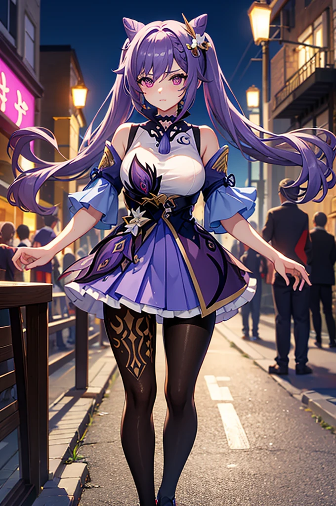 (masterpiece)1 girl, Keqing, Genshin Impact, best quality, Expressive eyes, Perfect face, full-body shot, Smile, blush, , outdoors,, Watching ,, Watching at viewer, , Mood lighting,Long legs,street,Sexy Lingerie,Damp clothes,Cleavage,Wet,Standing,butt,naked breasts