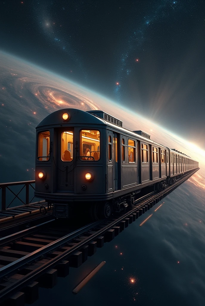 Realistic, theme is "Trains that transcend time and space", a long, long train runs through space, the train is an old-fashioned subway car, a train that has been running through space for decades, a large galaxy can be seen in the background, beautiful scenery, sophisticated design, advanced lighting technology, real-life photos 8K quality