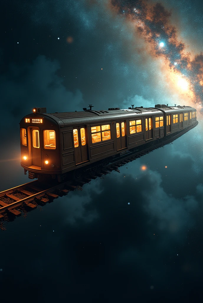 Realistic, theme is "Trains that transcend time and space", a long, long train runs through space, the train is an old-fashioned subway car, a train that has been running through space for decades, a large galaxy can be seen in the background, beautiful scenery, sophisticated design, advanced lighting technology, real-life photos 8K quality