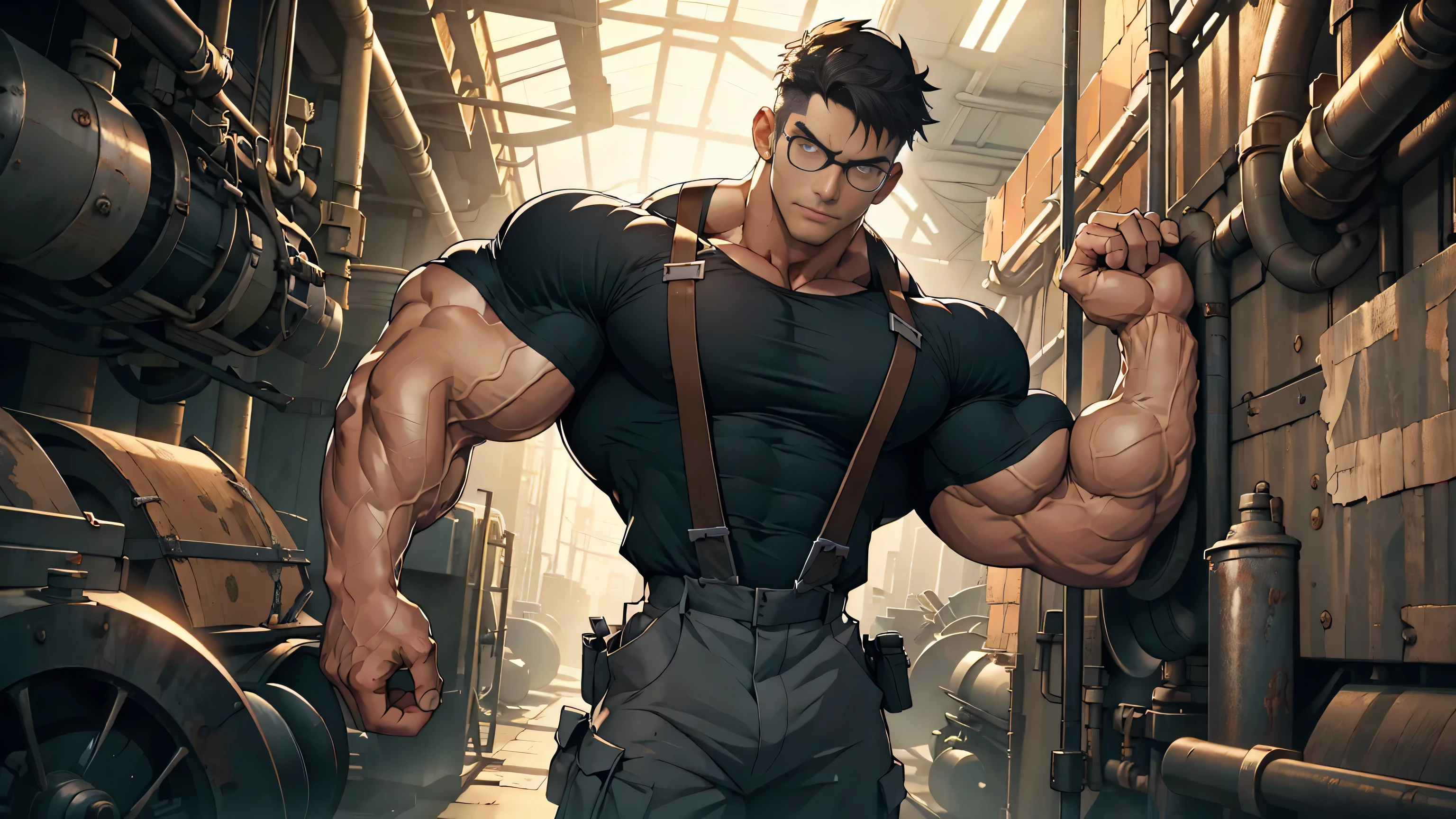 (masterpiece),  best quality, 's expressive eyes , (((Iris))), perfect face, (((((1 male))))), 24 years old, Muscle Man,  bodybuilder ,  Black T Shirt , pants,  suspenders, Factory equipment ,  full scene ，Suspenders，Scenery like a scene from a deep movie， where you grip an iron bar and twist it in a U shape， dust glasses ,Strong muscle heroes bounce back attacks
