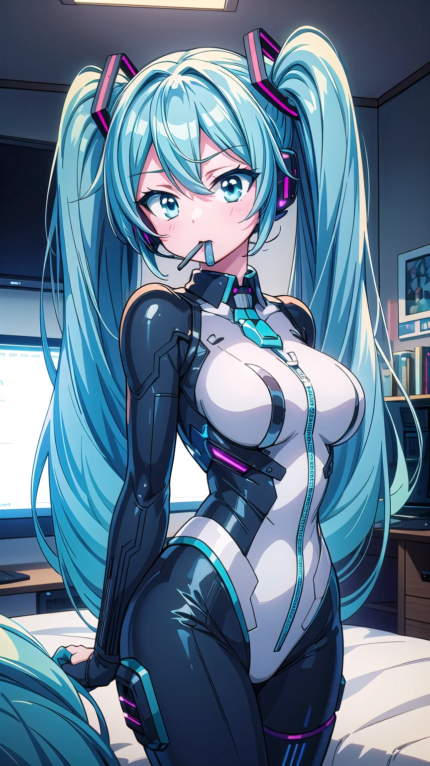 Hatsune Miku Vocaloid, Twin Tails, Light Blue Eyes, Light Blue Hair, Pichi Pichi Bodysuit, Cyber punk, Ultimate Physical Beauty, Beautiful Eyes, embarrassed look , Big Breasts, 8K CG, Top Quality, Best Image Quality,