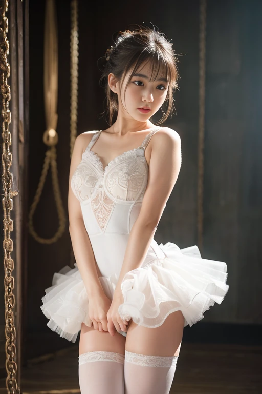 ((Highest image quality, outstanding details, ultra-high resolution, realism: 1.4)), 1beautiful girl, ((arrogant expression)), sitting on a vivid color cozy couch, open legs, soft light, white latex bunny-girl costume,a bit chubby,