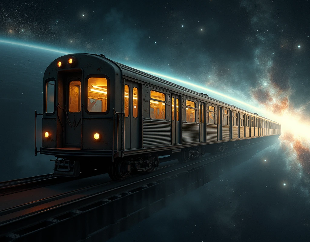 Realistic, theme is "Trains that transcend time and space", a long, long train runs through space, the train is an old-fashioned subway car, a train that has been running through space for decades, a large galaxy can be seen in the background, beautiful scenery, sophisticated design, advanced lighting technology, real-life photos 8K quality