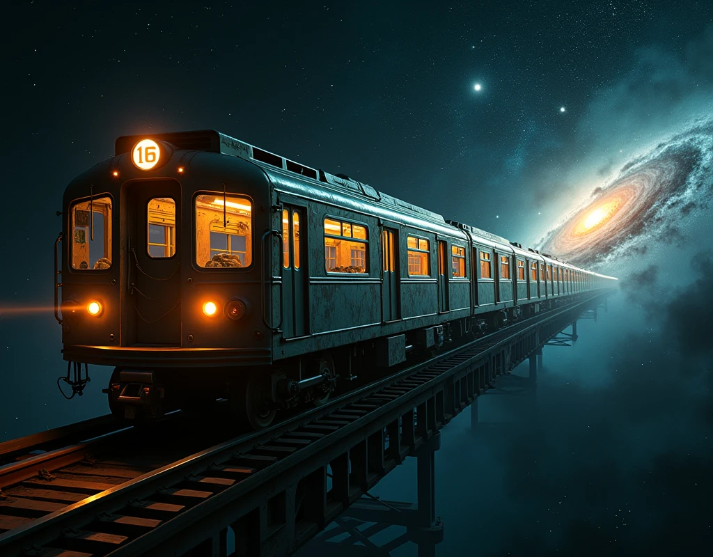 Realistic, theme is "Trains that transcend time and space", a long, long train runs through space, the train is an old-fashioned subway car, a train that has been running through space for decades, a large galaxy can be seen in the background, beautiful scenery, sophisticated design, advanced lighting technology, real-life photos 8K quality