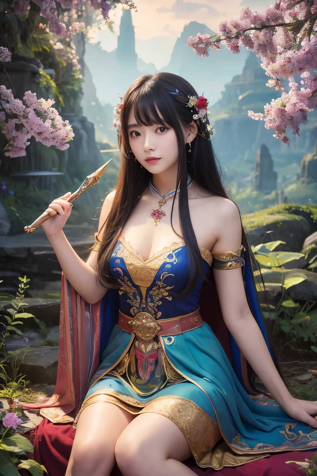 Girl with dragon and book in flower field, Fantasy art style, Detailed fantasy art, Fantasy artwork, Realなファンタジーアート, 4K Fantasy Art, Dragon Girl, epic Fantasy art style hd, HD fantasy art, Fantasy style art, Realなファンタジーアート, epic Fantasy art style, Amazing fantasy art, highly Detailed fantasy art、8k、RAW Photos、highest quality、Real、Photorealistic、Professional Lighting、mix4、20d、Beautiful Teenage Woman、Japanese、1 female、Big beautiful eyes、Larger breasts