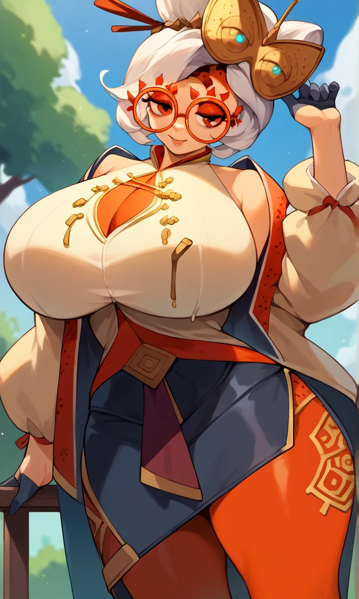 score_9, score_8_up, score_7_up, score_6_up, score_5_up, score_4_up, (source_anime), purah, 1girl, huge breasts, narrow waist, thick thighs, hair ornament, red headband, red glasses, sleeveless shirt, white coat, black skirt, red leggings, gloves, high heels, outdoors, happy,