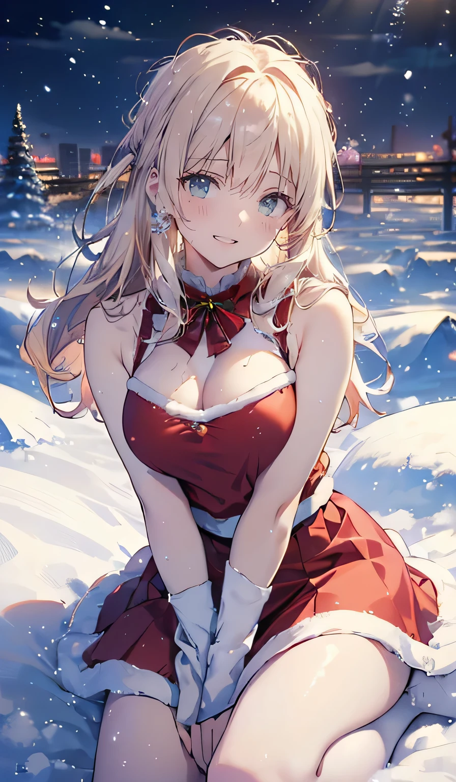 ((smile,smile,Big Breasts)),( 最 High Quality ,4K,  high definition :1.2), top-quality、  best image quality、​masterpiece、 teenage girl((Red Santa Outfit 、 Santa Style Short Skirt、 Santa Style Tank Top 、、 teenager 、Best Bust、Large bast,  Beautiful Light Blue Eyes  、 big breasts are open, Blonde、Slender,Big Valley、 dye your cheeks red、 slouching forward、White Breath、Showing the whole body、 laughs、  singer with hands forward looking ahead )), High Quality 、Beautiful art、 Background and (( Crystal City at Night 、Snow is falling、Heavy snowfall、 snowman、Ice Tower Model )))、masterpiece、 depth of writing,