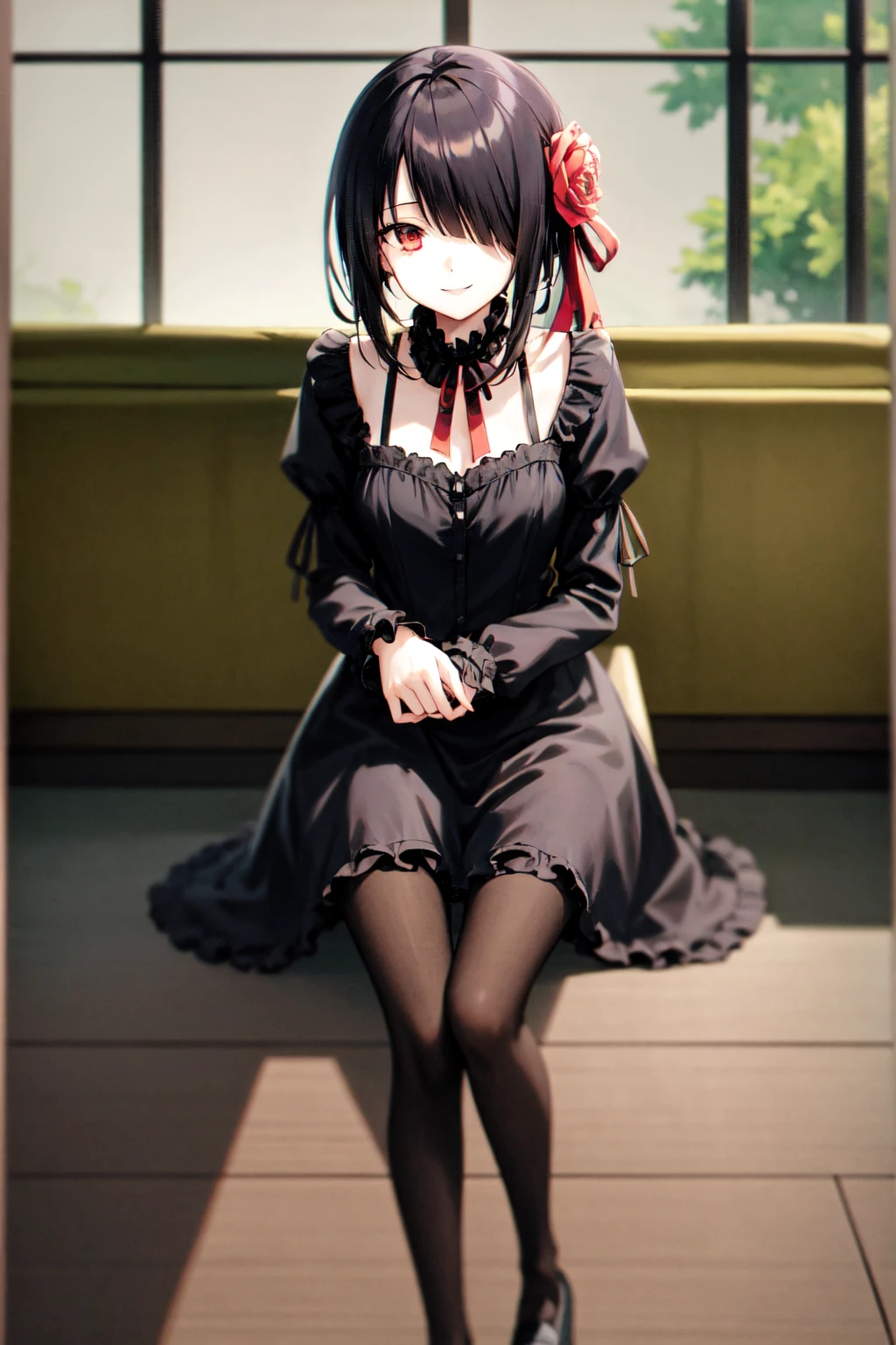 masterpiece, best quality, highres, 1girl, cckurumi, long hair, low twintails, hair flower, heterochromia, hair bow, gothic, black dress, ribbon, (black pantyhose), <lora:tokisaki_kurumi_v1:0.8>hair over one eye,
sitting, blush, long_sleeves,
full body,
(black mary janes), female focus, dutch angle,
school_corridor,
on floor,