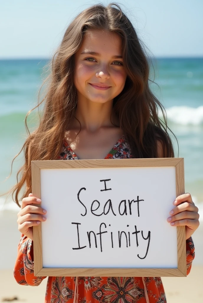 Beautiful girl with wavy long hair, bohemian dress, holding a white board with text "I Love Seaart Infinity" and showing it to the viewer