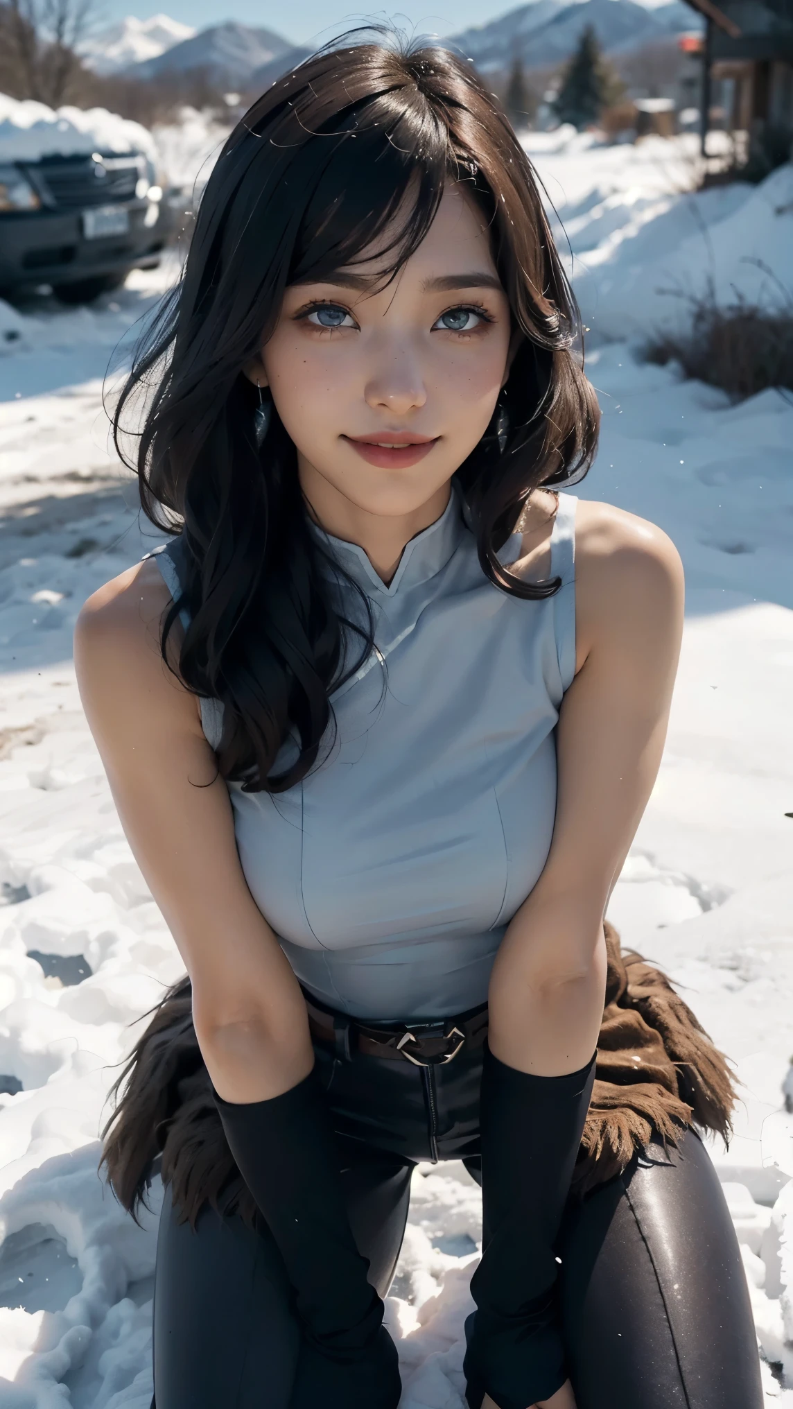 Korra,(best qualityer,4K,8k,high resolution,work of art:1.2)(weather: cloudy), tundra background, winter village, freckles, sleeveless top, winter belt, tight leggings, winter boots, elbow long gloves, earrings, dark skinned, eyeliner, short straight hair, brown hair, ultra detailed, realistic,portraite,beautiful detailed blue eyes, glowing eyes,blush,beautiful detailed lips,extremely detailed eye and face, long eyelashes,sexly,average, large breasts,beaming smile, flirty smile,powerful girl, fight pose, stunning curves,bright coloured,dramatic lighting,