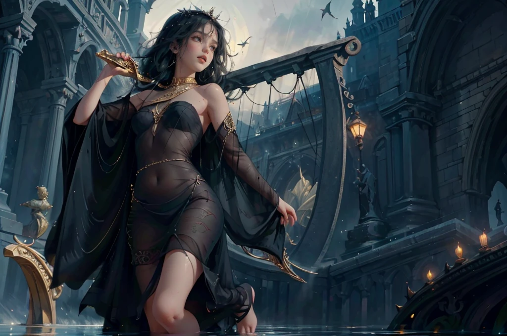 masterpiece, best quality, absurdres, perfect anatomy, standing, 1girl, solo, arm tattoo, bare shoulders, sleeveless, dress, dragon girl, dragon horns, jewelry, tail