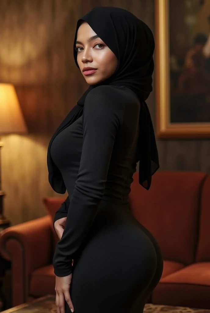 Front camera, A stunning image of a woman donning a hijab, her curves showcased in a fitted black long-sleeved dress that accentuates her hourglass figure. Her huge breasts and slender body are the focal point subtly highlighted by the dress's silhouette. The dynamic pose captures her confidence and poise, as if she's ready to take on the world. Dynamic lighting casts a warm glow, accentuating every curve and crease, making the 4K resolution shine with high-quality clarity.