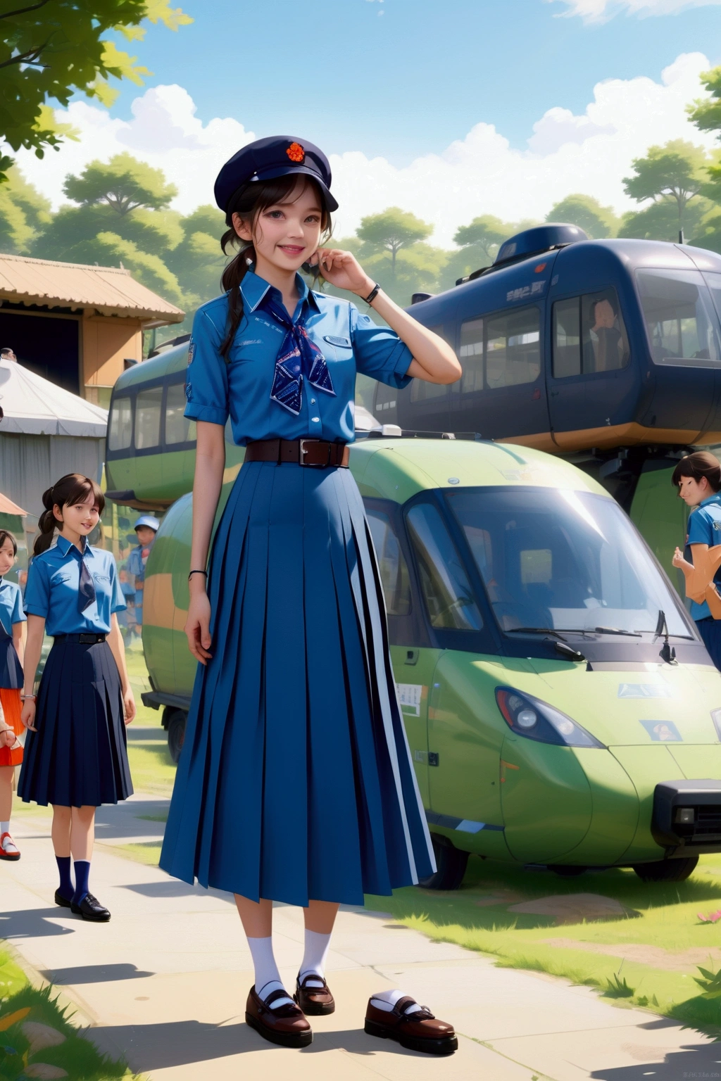 pretty young girl, standing posed at camping site, helicoptor on background, (+long hair, half up half down, ponytail), wearing azure short sleeves collared shirt, navy-blue neckerchief, dark-blue pleated pencil long skirt, black belt, white socks and black mary-jane shoes, (1girl, solo,full body), (masterpiece, best quality, japanese anime style), BREAK, (azure short sleeves collared shirt, navy-blue neckerchief, dark-blue pleated pencil long skirt, black belt, white socks and black mary-jane shoes)