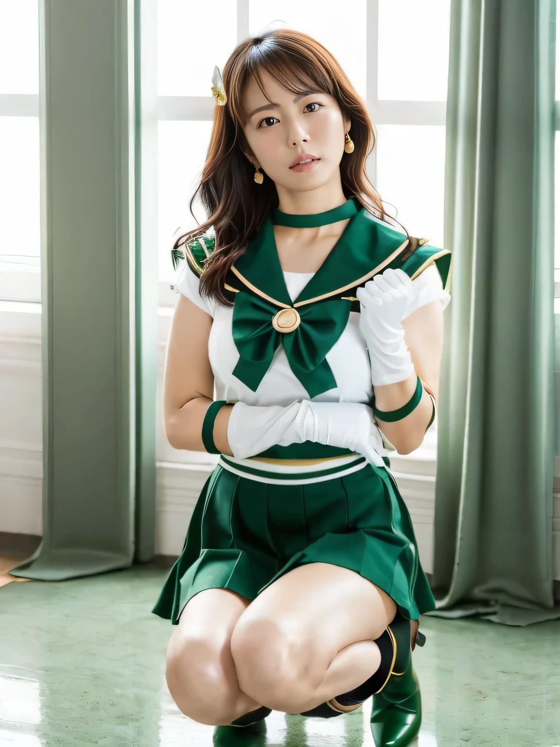 masterpiece。 one woman。full shot。sailor senshi uniform。Green sailor collar。 green skirt 。Green Boots。 white gloves。green neckband。Green Brooch。 gold earrings。kneel down on the ground and apologize, hands on ground。
