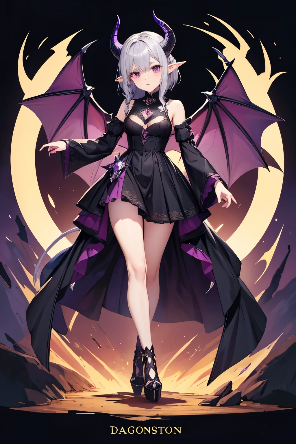 draconic woman with horns and a black dress, medieval, dragon, beautiful elegant dragon princess, gothic maiden anime girl, dragon girl, anime monster girl, short wavy silver hair front braid, no bangs, purple eyes, LARGE purple dragon wings, long dragon tail, modest dress, no bangs, cute style dress with ragged bottom, full body, sfw, elf ears, full body portrait
