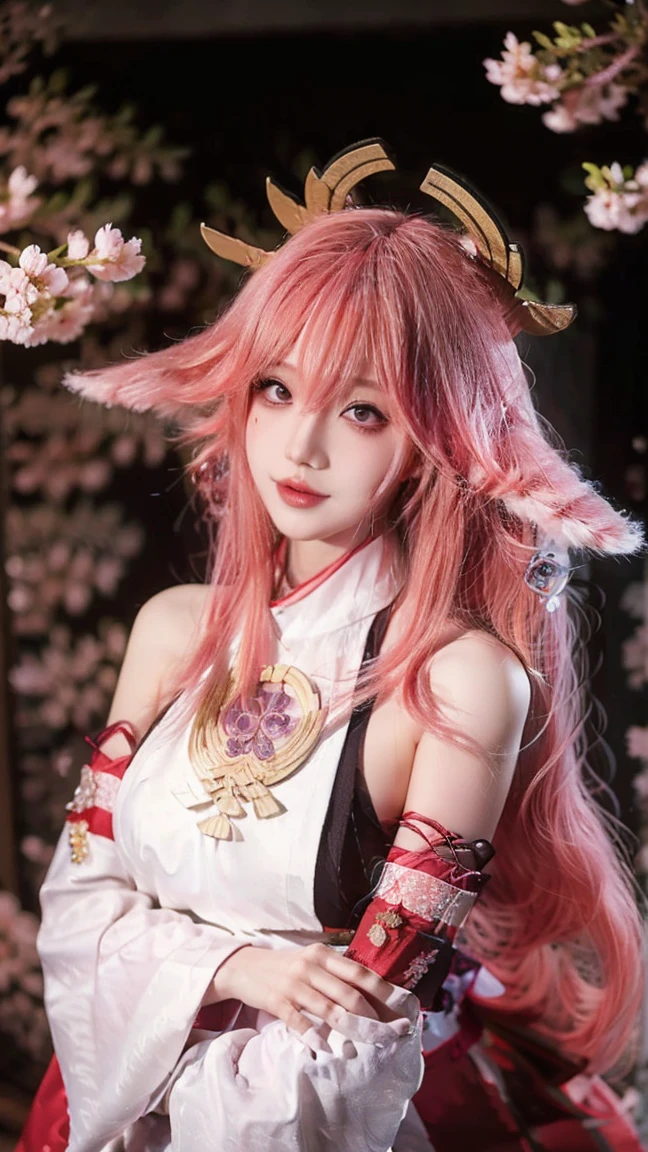 1girl, (ulzzang-6500:0.7), Kpop idol, Yae Shrine Maiden,  Separated Sleeves , Bare shoulders,  Pink Hair , long hair, Japanese clothing,  Best Quality, (The character in the painting :1.5), (headgear:1.35), jewelry,  purple eyes , earrings, breast, torii,  Cherry blossoms,  lantern light, Depth of Field,  Detailed Face ,  Face Focus, ribbon_prune, ( staring at the bare shoulders of the viewer :1.25), unconventional miko,  Glossy Skin ,  Long Sleeve , Smile, Thick lips, Game CG,  hands on lips, east asian architecture, ( Blur Background :1.2), sitting, Upper body,