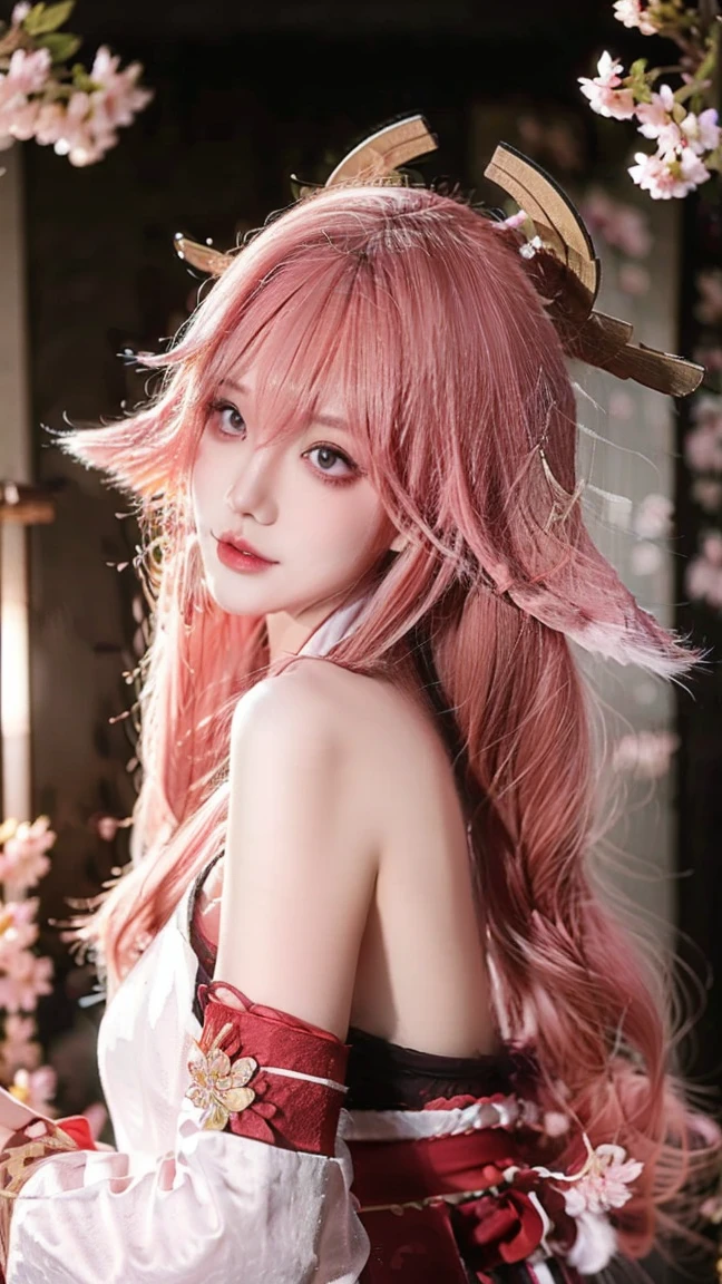 1girl, (ulzzang-6500:0.7), Kpop idol, Yae Shrine Maiden,  Separated Sleeves , Bare shoulders,  Pink Hair , long hair, Japanese clothing,  Best Quality, (The character in the painting :1.5), (headgear:1.35), jewelry,  purple eyes , earrings, breast, torii,  Cherry blossoms,  lantern light, Depth of Field,  Detailed Face ,  Face Focus, ribbon_prune, ( staring at the bare shoulders of the viewer :1.25), unconventional miko,  Glossy Skin ,  Long Sleeve , Smile, Thick lips, Game CG,  hands on lips, east asian architecture, ( Blur Background :1.2), sitting, Upper body,