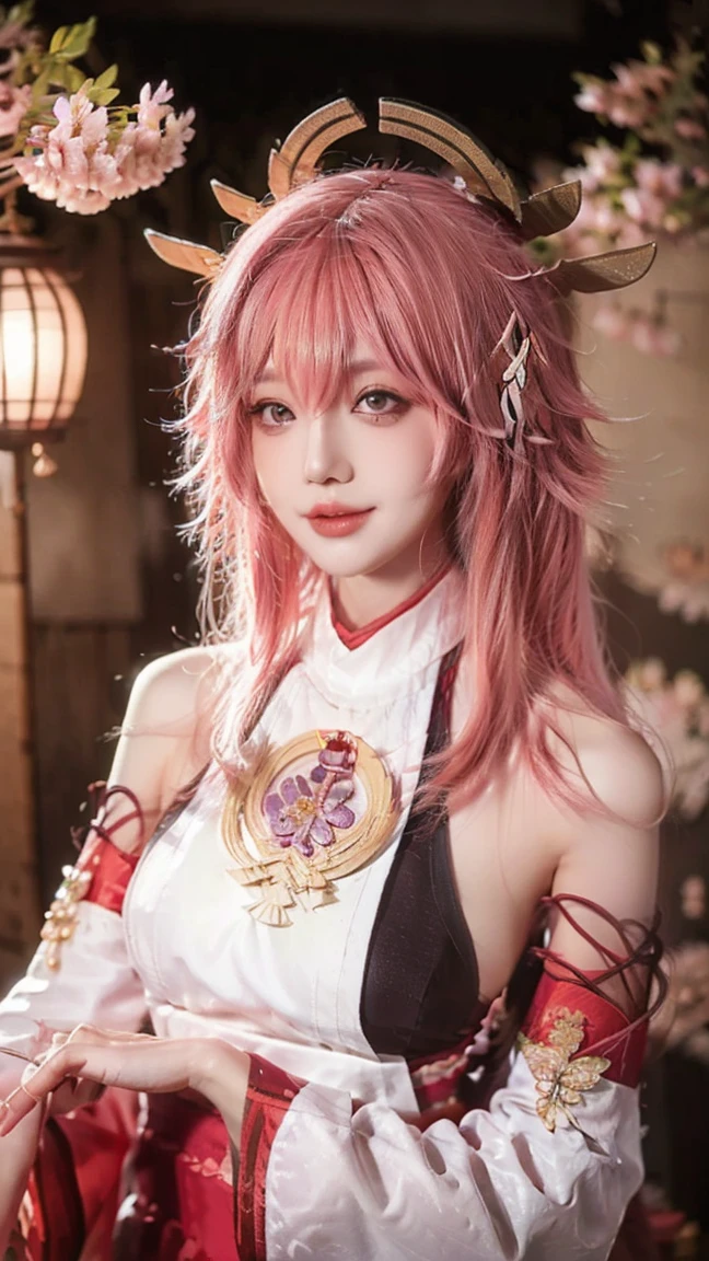 1girl, (ulzzang-6500:0.7), Kpop idol, Yae Shrine Maiden,  Separated Sleeves , Bare shoulders,  Pink Hair , long hair, Japanese clothing,  Best Quality, (The character in the painting :1.5), (headgear:1.35), jewelry,  purple eyes , earrings, breast, torii,  Cherry blossoms,  lantern light, Depth of Field,  Detailed Face ,  Face Focus, ribbon_prune, ( staring at the bare shoulders of the viewer :1.25), unconventional miko,  Glossy Skin ,  Long Sleeve , Smile, Thick lips, Game CG,  hands on lips, east asian architecture, ( Blur Background :1.2), sitting, Upper body,