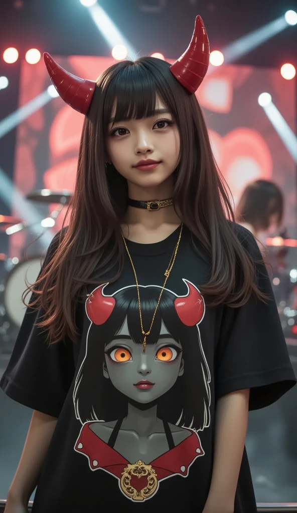 She is wearing a Tee with a large print of her favorite cute black devil girl, ultra-realistic, photorealistic, dramatic scene, shadow, global-illumination, solo, (20 years old Japanese famous idol girl but punk rock guitarist:1.5), very beautiful but cool Japanese girl, very beautiful cute but boyish cool face, she is wearing punk rock outfits with very realistic smiled Chibi-anime-devil-black-girl printed Tee, the chibi-anime-devil-black-girl that printed on her Tee is 1girl\(dark black devil,cute,big eyes,large circle eyes,black skin,evil smile,long nail,orange eyes, vivid orange eyes, dark black skin, looking down,wearing capelet\(big,long,Tattered\), backlit,full body\), she is wearing accessories, leather choker, leather jacket, she is playing the guitar at the stage of the rock concert, the drummer girl is playing the drum behind her, The giant screen behind her shows a cute Devil Girl that matches her T-shirt, spot lighting, professional lighting, microphone, shoot from below,