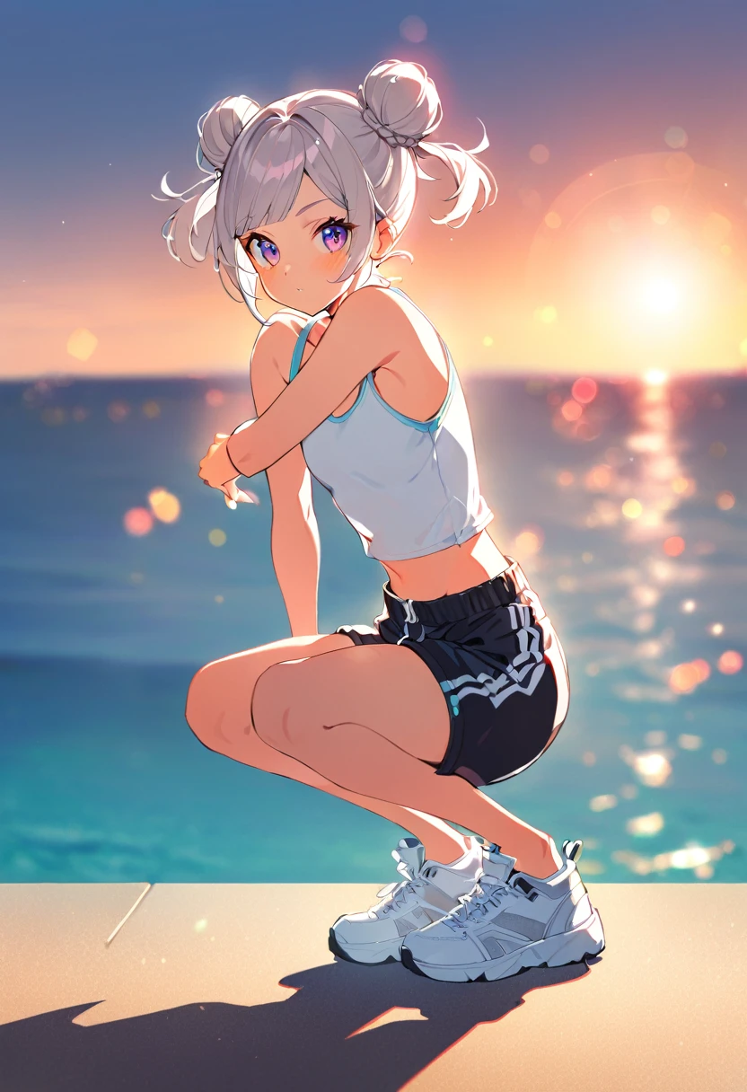  1 girl,  flat chested, Scanty cropped tank top and shorts,  pose,   Ocean View ,  bright color, Bokeh,Character portrait,  split bangs ,  double bun hair, Thick-soled white sneakers, full body illustration,