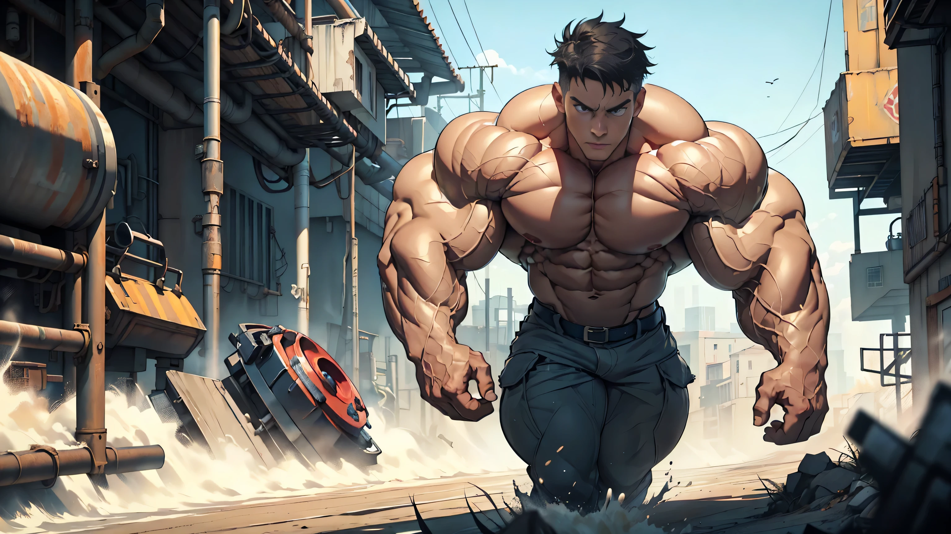 (masterpiece),  best quality, 's expressive eyes , Iris, perfect face, (((( 1 male only)))), 24 years old, Muscle Man,  bodybuilder , (((( shirtless)))), pants, Factory equipment ,  full scene ，Scenery like a scene from a deep movie， where the protagonist is rushing to rescue， dust glasses 
