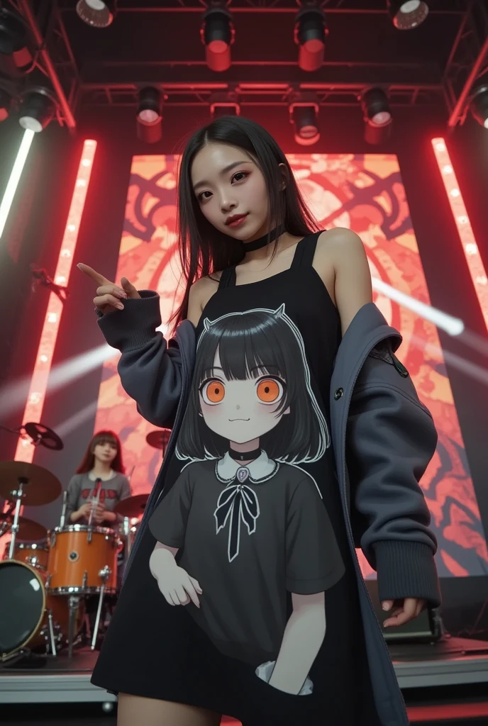 She is wearing a Tee with a large print of her favorite cute black devil girl, ultra-realistic, photorealistic, dramatic scene, shadow, global-illumination, solo, (20 years old Japanese famous idol girl but punk rock guitarist:1.5), very beautiful but cool Japanese girl, very beautiful cute but boyish cool face, she is wearing punk rock outfits with very realistic smiled Chibi-anime-devil-black-girl printed Tee, the chibi-anime-devil-black-girl that printed on her Tee is 1girl\(dark black devil,cute,big eyes,large circle eyes,black skin,evil smile,long nail,orange eyes, vivid orange eyes, dark black skin, looking down,wearing capelet\(big,long,Tattered\), backlit,full body\), she is wearing accessories, leather choker, leather jacket, she is playing the guitar at the stage of the rock concert, the drummer girl is playing the drum behind her, The giant screen behind her shows a cute Devil Girl that matches her T-shirt, spot lighting, professional lighting, microphone, shoot from below,