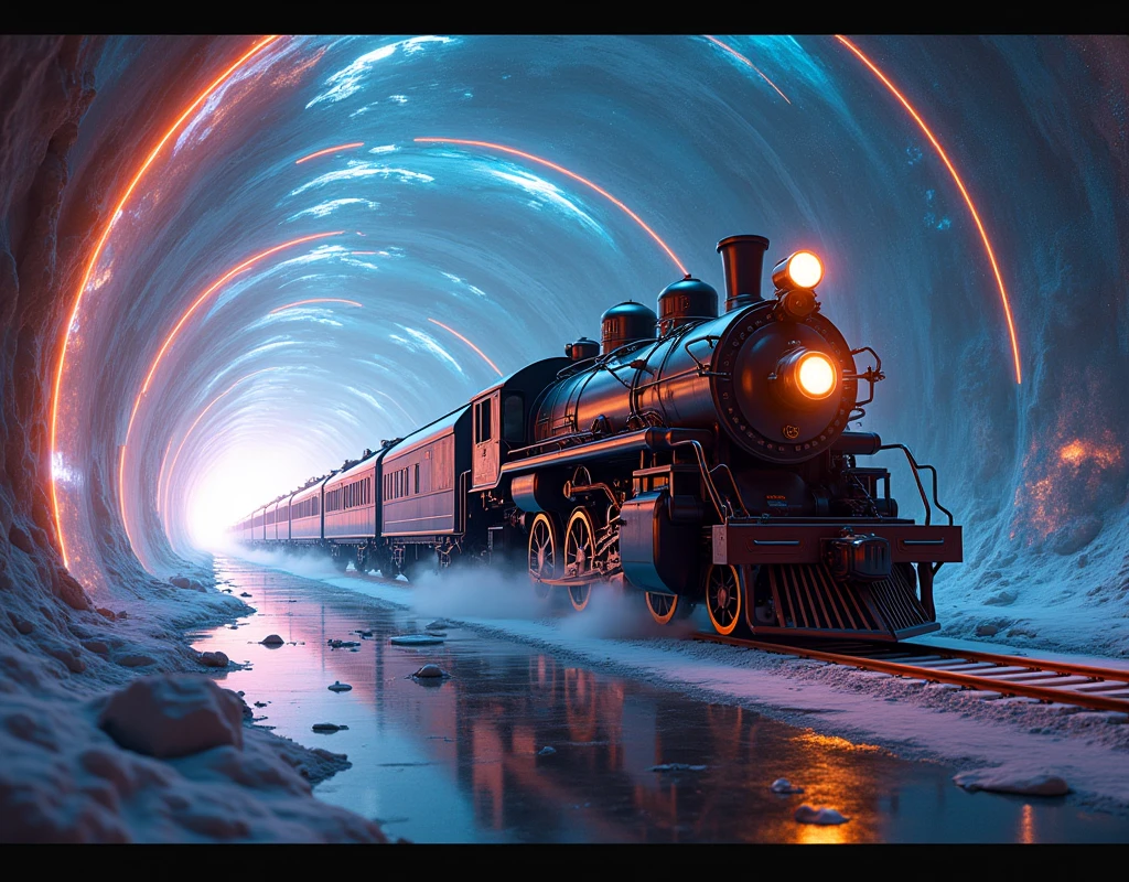 Realistic, with the theme "A train that transcends time and space", a long, long train wanders through a mysterious, transparent tunnel-like space that shines with rainbow colors in the dark universe, a retro steam engine continues to run powerfully pulling a very long freight and passenger car, it has been wandering for over a hundred years, drawn in detail from the side, sophisticated design, advanced lighting technology, real-life photo 8K quality