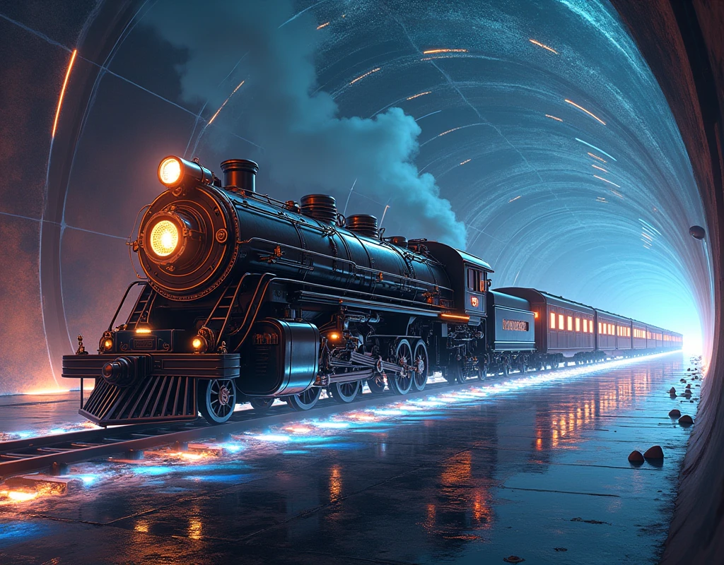 Realistic, with the theme "A train that transcends time and space", a long, long train wanders through a mysterious, transparent tunnel-like space that shines with rainbow colors in the dark universe, a retro steam engine continues to run powerfully pulling a very long freight and passenger car, it has been wandering for over a hundred years, drawn in detail from the side, sophisticated design, advanced lighting technology, real-life photo 8K quality