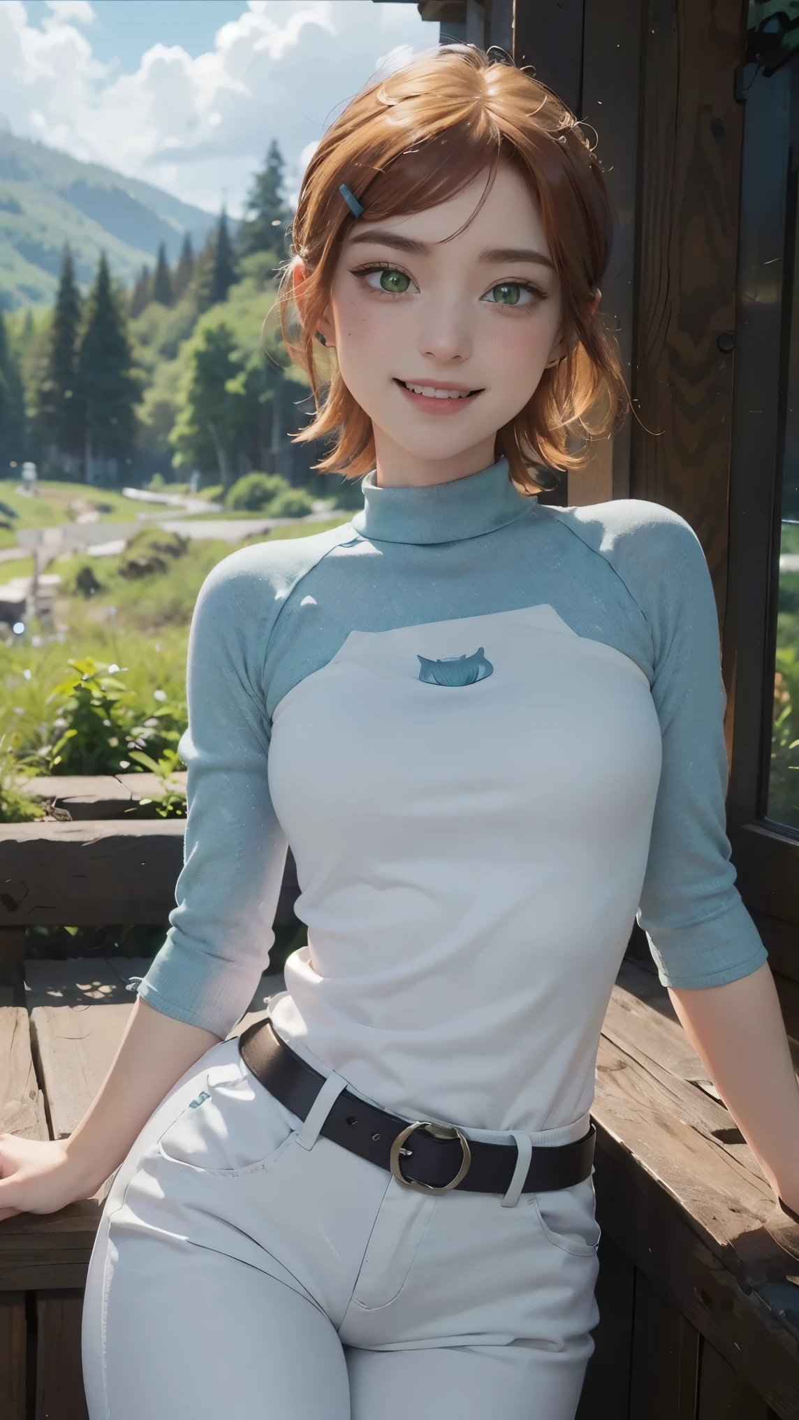 Gwen tennyson,(best qualityer,4K,8k,high resolution,work of art:1.2)(weather: cloudy), forest mountain background, forest road, freckles, white top cat logo, blue sleeves, white capri pants, white sneakers, hair pin, winter belt, eyeliner, short hair, ginger hair, ultra detailed, realistic,portraite,beautiful detailed green eyes, glowing eyes,blush,beautiful detailed lips,extremely detailed eye and face, long eyelashes,sexly,average, large breasts,beaming smile, flirty smile,powerful girl, sexy pose, stunning curves,bright coloured,dramatic lighting,