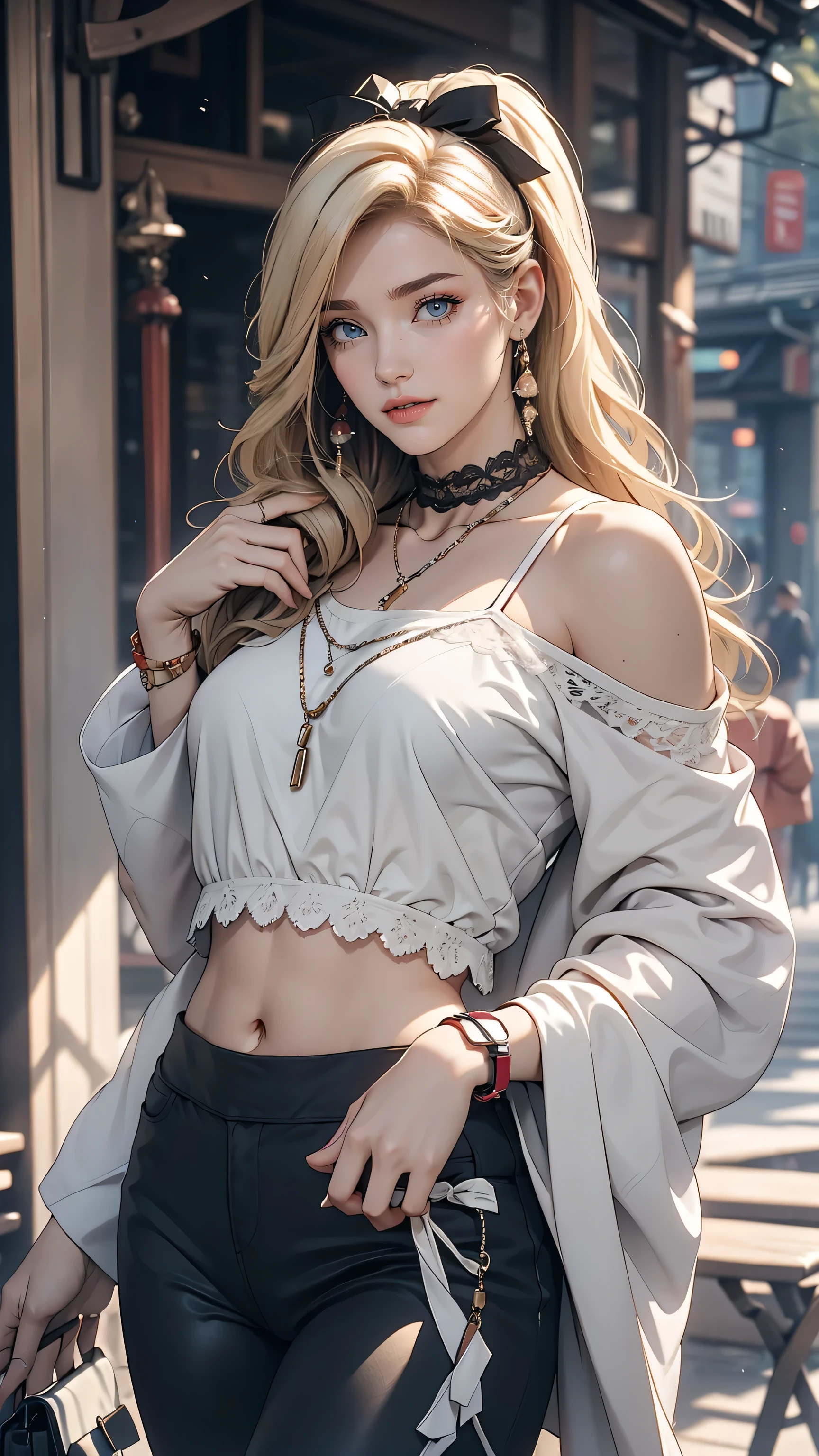 (8K, RAW Photos, highest quality, masterpiece:1.2), (Realistic, photo-Realistic:1.37)、Fashion model body type、Having her hair done、My chest is popping out、Wear accessories on your wrist、Wearing accessories on the ankle、Background blur((depth of field)、smile、White woman、Platinum Blonde、blue eyes、Vertical roll on one side((side drill))、Wear a lace-embellished off-the-shoulder top、Lower milk visible、I can see my belly button、Wear low rise leggings、Wear mules、smile、hair band((hair ribbon))、Wear a lace choker