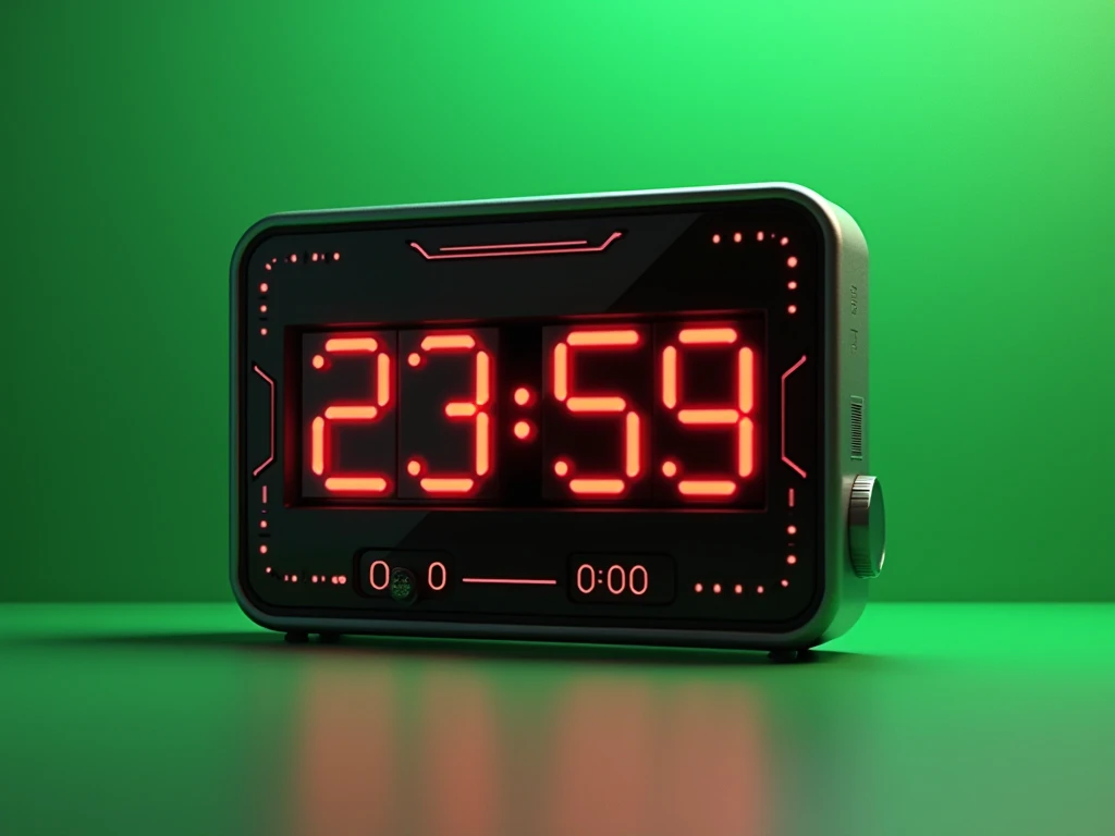 An illustration of a 3d digital clock in the colors red and black, with a green background, marking the time "23:59"