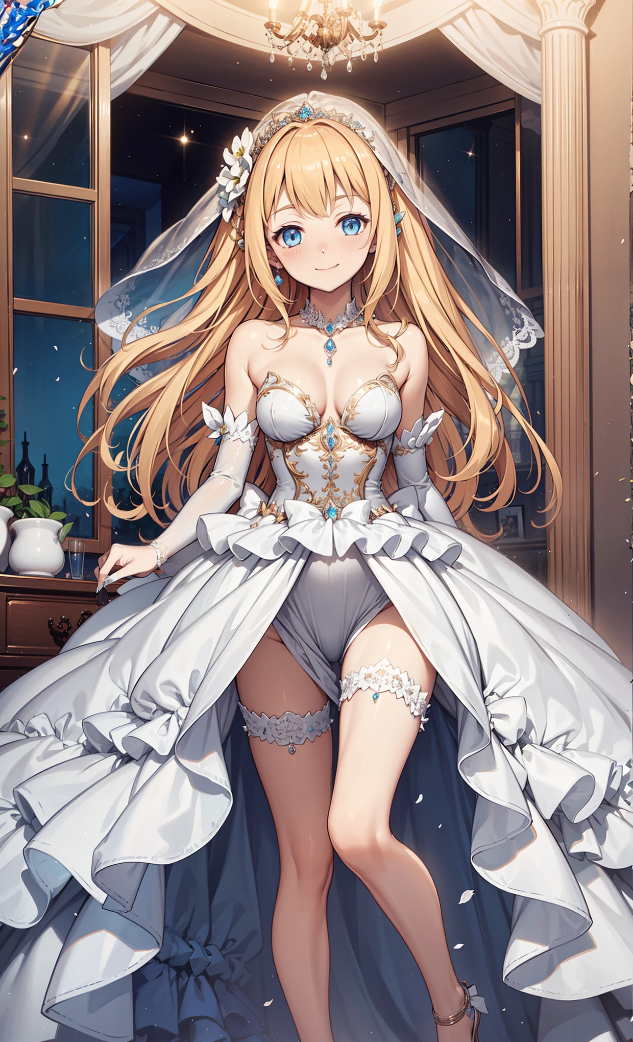 hight resolution, top-quality, ultra-quality, The ultra-detailliert, lighting like a movie、white church、Wedding lingerie、Wedding gloves up to the arm、A smile、Wedding Panties、a miniskirt、