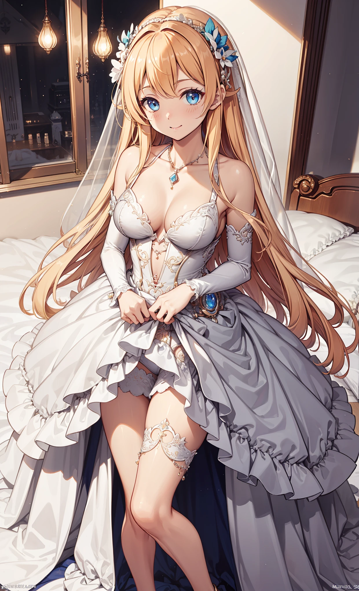Top quality,Maximum resolution,20-year-old young woman,Obsessed,having fun,in love,Light white wedding dress,Lilac cloth,See through transparent clothes,Dress nicely,A little lace,The only one,Blonde,Light blue eyes,night,Banquet hall,charm,Super Detail