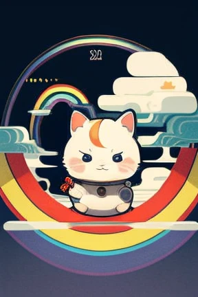 masterpiece、Illustration，Chibi character，cute，Baby kitsune，((Locomotive，Rainbow smoke ，Rainbow Tunnel ，clock))，ＢＲＥＡＫＥ　Locomotiveに乗ったBaby kitsuneのIllustration