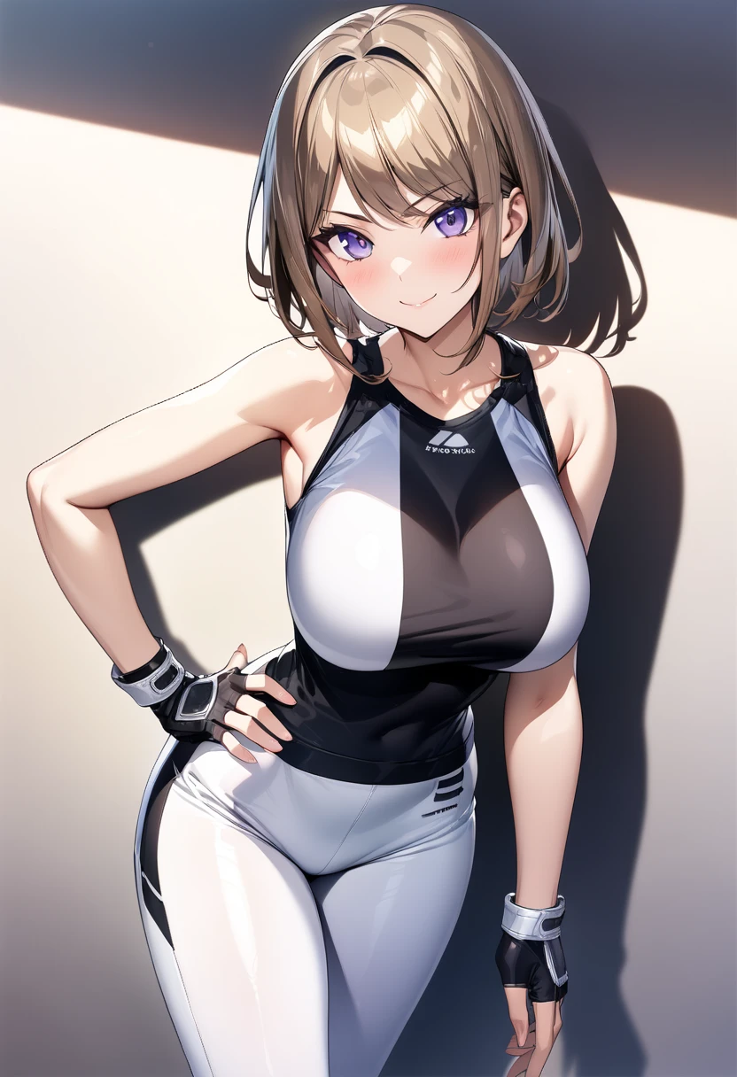 suminoe_shion, 
light brown hair, short hair, bangs, purple eyes, 
large breasts, 

black shirt, black sportswear, bare shoulder, knee guard, fingerless gloves, white pants, 

smile, standing, from the front, cowboy shot, hand on hips, 

(masterpiece), (best quality), (ultra-detailed), (best illustration), (best shadow), (absurdres), (detailed background), (very aesthetic), 